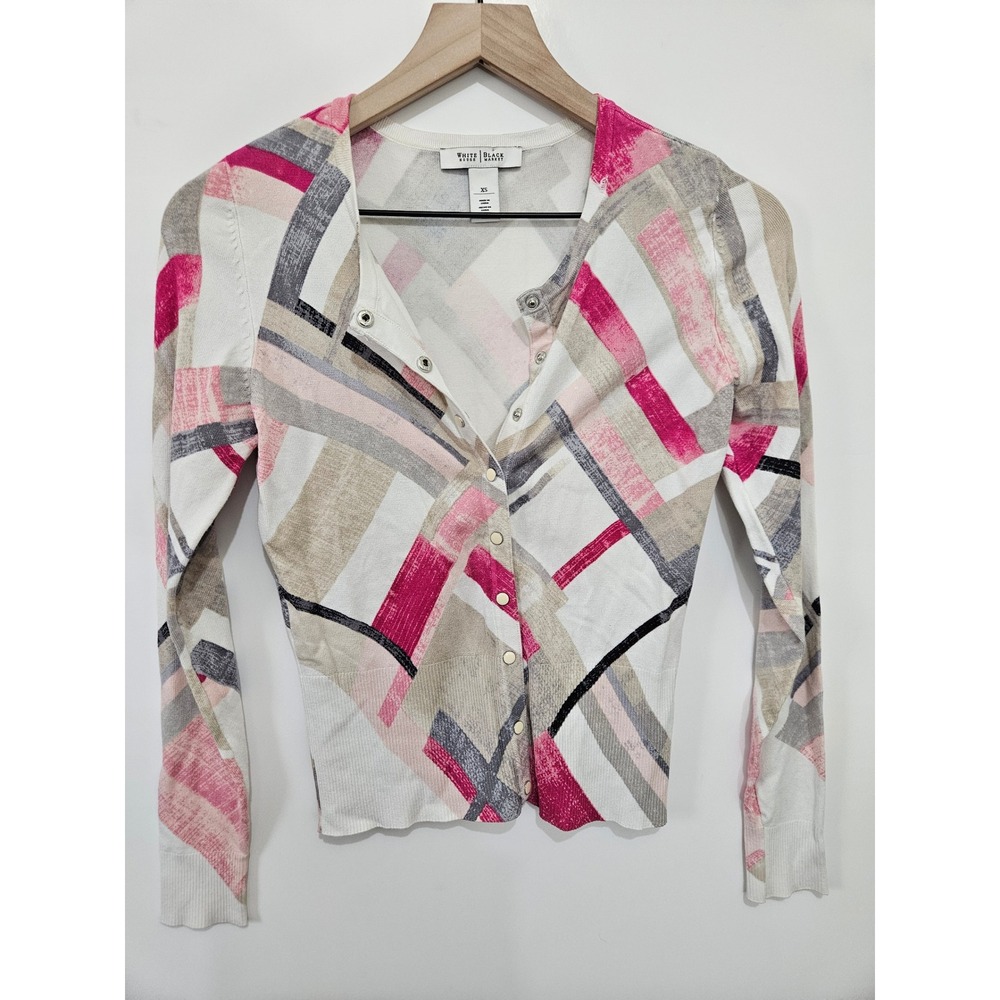 White House Black Market Pink Geometric Abstract Snap Front Cardigan Sweater XS‎